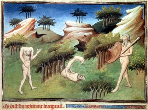 Příšery ze země Merkitů popsané Marcem Polem. Miniatura převzatá z „Knihy divů“““ („“Devisement of the World“, „“Il Milione“) od Marca Pola (1254-1324) ilustrovaná mistrem z Egertonu