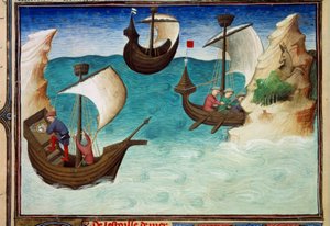 Navigátoři v Indickém oceánu orientovaní s hvězdami a astrolábem. Miniatura v „Knize divů světa“, paní 2810, folio 188v osvícené mistrem z Egertonu, napsané Johnem (Jehanem) de Mandeville (1300? 1382). Kolem 1410-1412. BN, Paříž