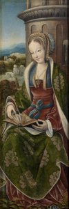 Barbe la grande martyre - Triptych Svaté rodiny s hudbou tvořící anděly. Pravý panel: Svatá Barbora par Master of Frankfurt (1460-cca 1533), cca 1510-1520 - Olej na dřevě, 79x27 - Museo del Prado, Madrid od Master of Frankfurt