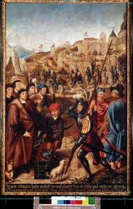 Legenda o svatém Rombautovi (The Legend of Saint Rumbold). Obraz Mistra z Frankfurtu (1460-kolem 1533). Olej na dřevě. Vlámské renesanční umění. Muzeum Ermitáž, Petrohrad.