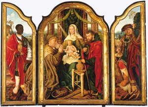 Svatá rodina s Melchiorem nabízí zlato Ježíškovi od Master of Frankfurt