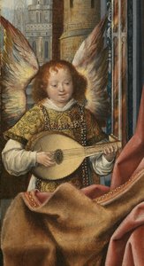 Triptych Svaté rodiny s hudbou tvořící anděly. Detail: The Angel, cca 1510-1520
