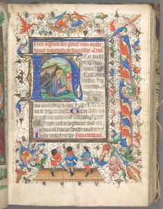 Kniha hodin Použití Utrechtu: fol. 14r, Iniciála s Narozením, c. 1460-1465.