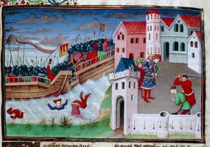 Bitevní scéna a dekapitace. Ilustrace románu „Dekameron“ od Giovanniho Boccaccia (Jean Boccace od Master of Jean Mansel
