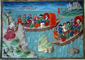 Frederic II. (1194-1250) ze Svaté říše opustil Sicílii se svou miniaturní suitou převzatou z francouzského rukopisu z „Dekameronu“ od Giovanniho Boccaccia dit Jean Boccaccia (1313-1375), italského spisovatele, osvíceného Mistrem Mansel. 1450. Par od Master of Jean Mansel