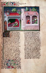 Galantní scéna: mluví dva páry. Strana francouzského rukopisu „Dekameronu“ od Giovanniho Boccaccia dit Jean Boccace (1313-1375), italského spisovatele, osvíceného mistrem Manselem. 1450. Paříž, Knihovna Arsenalu od Master of Jean Mansel