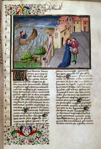 Odletová stránka převzatá z rukopisu ve francouzštině z „Dekameronu“ od Giovanniho Boccaccia dit Jean Boccaccia (1313-1375), italského spisovatele, osvětlena mistrem Manselem. 1450. Paříž, Knihovna Arsenalu od Master of Jean Mansel