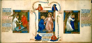 Tři scény zobrazující „Kristus přesvědčuje Thomase“, „Oběť Gideom“ a „Jakub zápasí s andělem“, ilustrace z „Biblia Pauperum“ od Master of Margaret of Cleves