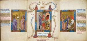 Tři scény zobrazující „Útěk do Egypta“, „Mojžíš lámající zlaté tele“ a „Dagon padající před archou“, ilustrace z „Biblia Pauperum“ od Master of Margaret of Cleves