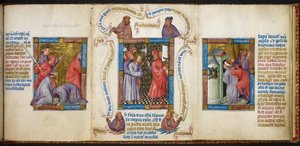 Tři scény zobrazující „Zabíjení proroků“, „Kristus před Pilátem“ a „Danielovo uvěznění“, ilustrace z „Biblia Pauperum“ od Master of Margaret of Cleves