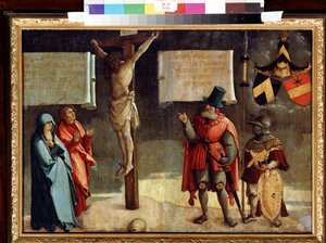 Ukřižování s dárci. Ukřižování s dárci. Obraz mistra z Messkirchu (kolem 1500-1543). Olej na dřevě. Německé renesanční umění. Muzeum výtvarných umění, Puškin, Moskva