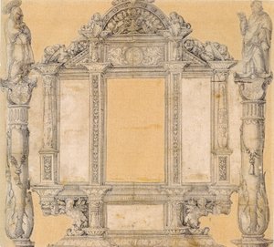 Německy: Entwurf für das Rahmenwerk des ehemaligen Hochaltarretabels von St. Martin in Meßkirch Návrh rámce bývalého retabula hlavního oltáře kostela sv. Martina v Messkirchu od Master of Messkirch