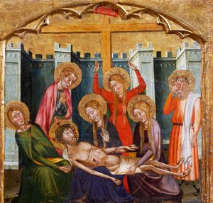 Uložení do hrobky od Mistra z Rubia (14. století), predela oltářního obrazu z kostela Santa Maria, Rubio, malba na dřevě.