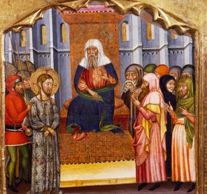 Proces s Ježíšem od Mistra z Rubia (14. století), predela oltářního obrazu z kostela Santa Maria, Rubio, malba na dřevě.