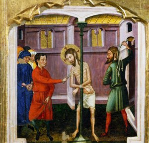 Bičíkování od Mistra z Rubia (14. století), predella oltářního obrazu z kostela Santa Maria, Rubio, malba na dřevě.
