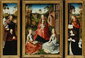 Madonna a dítě se svatými a dárci (olej na panelu) od Master of Saint Anna