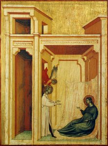 Anděl korunující Valeriána s růžemi a liliemi, detail z oltářního obrazu znázorňující Legendu o svaté Cecílii, kolem roku 1304, od Mistra svaté Cecílie (aktivní počátek 14. století), tempera na desce a plátkovém zlatě vyraženo, 85x181 cm