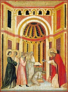 Biskup Urban křtí Tiburcia, detail z oltářního obrazu Legendy o svaté Cecílii, kolem roku 1304, od Mistra svaté Cecílie (aktivní počátek 14. století), tempera na desce a plátkovém zlatě vyraženo, 85x181 cm