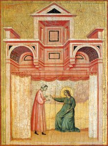 Cecílie přemlouvá svého manžela Valeriana ke křtu, detail z oltářního obrazu znázorňující Legendu o svaté Cecílii, kolem roku 1304, od Mistra svaté Cecílie (aktivní počátek 14. století), tempera na desce a plátkovém zlatě vyraženo, 85x181 cm