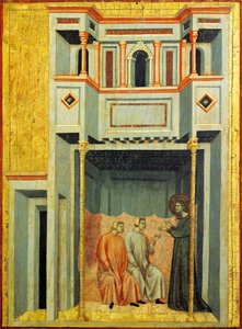 Svatá Cecílie a Valerian převádějící Tiburcio, detail z oltářního obrazu znázorňující Legendu o svaté Cecílii, kolem roku 1304, od Mistra svaté Cecílie (aktivní počátek 14. století), tempera na desce a plátkovém zlatě vyraženo, 85x181 cm