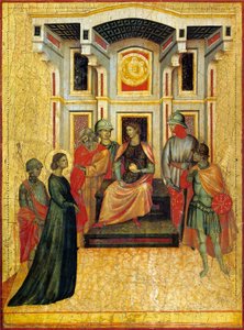 Svatá Cecílie kontrastující záležitosti víry s prefektem, detail z oltářního obrazu zobrazující Legendu o svaté Cecílii, kolem roku 1304, od Mistra svaté Cecílie (aktivní počátek 14. století), tempera na desce a plátkovém zlatě vyraženo, 85x181 cm
