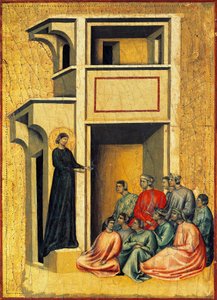 Svatá Cecílie konvertující prefektští vojáci, detail z oltářního obrazu znázorňující Legendu o svaté Cecílii, kolem roku 1304, od Mistra svaté Cecílie (aktivní počátek 14. století), tempera na desce a plátkovém zlatě vyraženo, 85x181 cm