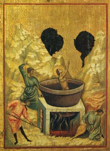 Saint Cecilia in bath of boiling water, detail of the altarpiece showing Stories of Saint Cecilia, ca 1304, the Master of Saint Cecilia (active early 14th century), tempera on panel and stamped gold leaf, 85x181 cm   1423011   cs       czech Successfully T