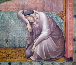 Příběhy svatého Františka, detail zjevení Řehořovi IX., freska Mistra svaté Cecílie (13.-14. století), Horní kostel, Papežská bazilika svatého Františka z Assisi (Seznam světového dědictví UNESCO, 2000), Assisi, Umbrie, Itálie