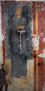 Znázornění svatého Františka z Assisi (1181-1226) Toto je jistě první zobrazení světce popraveného za života, představující bez stigmatu a bez aureoly. Drží papír nebo je napsáno latinsky „“ Pax huic Domui““ (Mír od Master of Saint Francis of Assisi