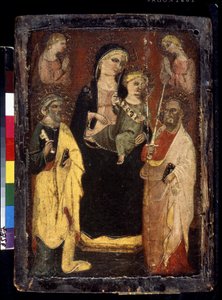 "Madona a dítě na trůnu se svatými Petrem a Pavlem" (Madona a dítě na trůnu se svatými Petrem a Pavlem) Malba na dřevě od mistra San Jacopo in Muciano (15. století) Puškinovo muzeum, Moskva od Master of San Jacopo a Mucciana
