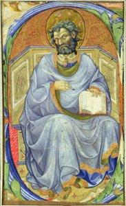 Historická iniciála „S“ zobrazující sedícího evangelistu