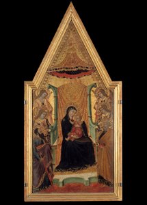 Panna v majestátu mezi svatým Pavlem, svatým Petrem a čtyřmi anděly oltářní obraz mistra Santa Maria (14. století). Rozměr 0,28 x 0,58 m. Avignon, Musee du Petro Palais od Master of Santa Maria di Castello