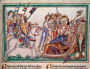 Pán a jeho Armee (ost) srážejí Bete a jeho ctitele v pekle. Minatura z rukopisu “” Apocalypse historiee””, Folio 38. 1250. Iluminace Mistra Sarum. Paříž, NL od Master of Sarum