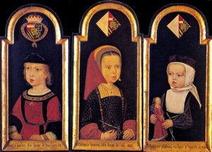 Arcivévoda Karel, pozdější císař Svaté říše římské Karel V., se svými sestrami Eleonorou a Isabelou ve věku 2 let, 1502 od Master of St.Georgsgilde