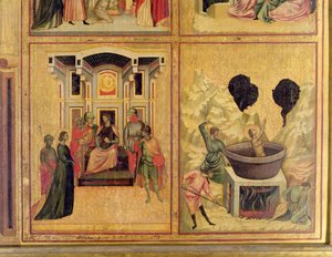 Svatá Cecílie a scény z jejího života: dvě scény zobrazující svatou Cecílii přivedenou před prefekta vlevo a mučednickou smrt sv. Cecílie vpravo, detail cca 1300 50346
