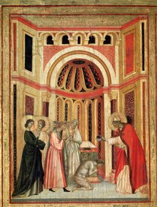 Svatá Cecílie a příběh jejího života Detail: Biskup Urban křtí Tiburtia, bratra Valeriana - oltářní obraz, kolem 1290-1320