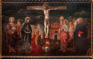 Ukřižovaný Kristus mezi svatým Petrem, Pannou Marií Magdalenou, svatým Janem apoštolem a svatým Benediktem od Master of St. Peter in Vicenza