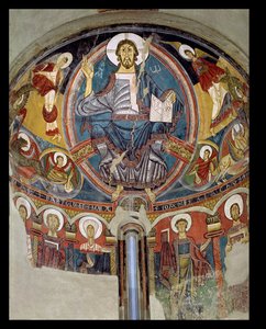 Christ in Majesty lemovaný serafíny a symboly evangelistů, freska apsidy ze San Climente in Taull (Tahull) Katalánsko, kolem 1123 (freska) od Master of Tahull