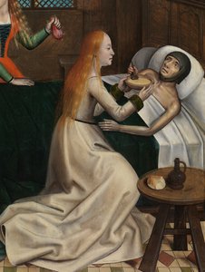 Detail Charity sv. Mikuláše, z oltářního obrazu sv. Mikuláše, kolem 1486-93 (olej na desce)