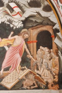 "Zmrtvýchvstání" a "Sestup do limba", Detail "Sestup do limbu": Ježíš bere Adama za ruku. U nohou Krista, brány pekla a postava ďábla na zemi, kolem 1420 (freska)