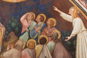 "Nanebevstoupení Krista", Detail s mužskými postavami a světci, cca 1420 (freska)