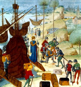 Král Edward III přijíždějící do Saint Vaast La Hogue 12. července 1346, ilustrace z Chroniques dAngleterre od Master of Wavrin