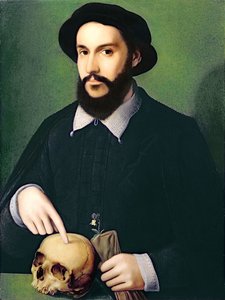 Portrét gentlemana s pravou rukou ukazující na lebku, kolem roku 1540