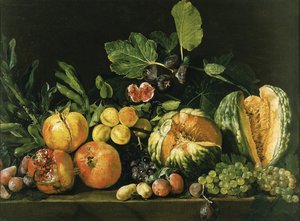 Granátová jablka, melouny, hrozny, broskve, fíky a další ovoce na kamenné římse od Master of the Acquavella Still Life