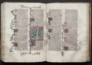Gothajský misál: Fol. 117v, sv. Petr přivázaný vzhůru nohama ke kříži, c. 1375.