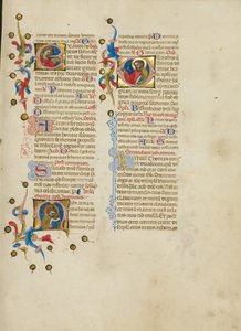 Iniciála E: svatá Lucie; iniciála M: svatý Tomáš; iniciála D: Kázání svatého Tomáše od Master of the Brussels Initials