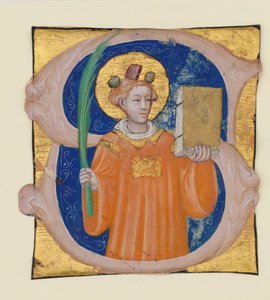 Iluminace rukopisu se svatým Štěpánem v iniciále S, z antifonáře, italština, ca. 1410-2