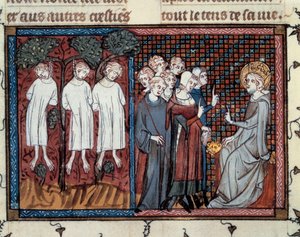 Popravy nařídil Enguerrand IV de Coucy. Ludvík IX. Miniatura Mahiet v „“Život a zázraky Saint Louis””, rukopis Guillaume De Saint Pathus od Master of the Cambrai Missal Mahiet