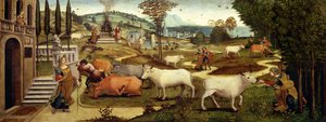 Vášně Pasiphae, manželky krétského krále Minose, z Příběhu Thesea (olej na panelu) od Master of the Campana Cassoni