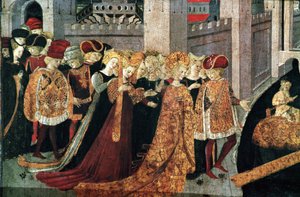 Decameron de Boccaccio (Jean Boccaccio): Chatelain Pericone vítá Alatiel, dceru babylonského sultána Beminedaba a její apartmá na ostrově Mallorca (Pericone da Visalgo vítá Alatiel dceru Beminedaba, babylonského sultána, na ahoj od Master of the Cassoni
